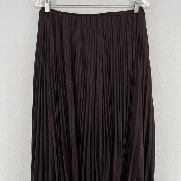 ZARA Skirt L Pleated Asymmetric Hem Elastic Waist Midi Swing Lined Brown - Picture 3 of 12